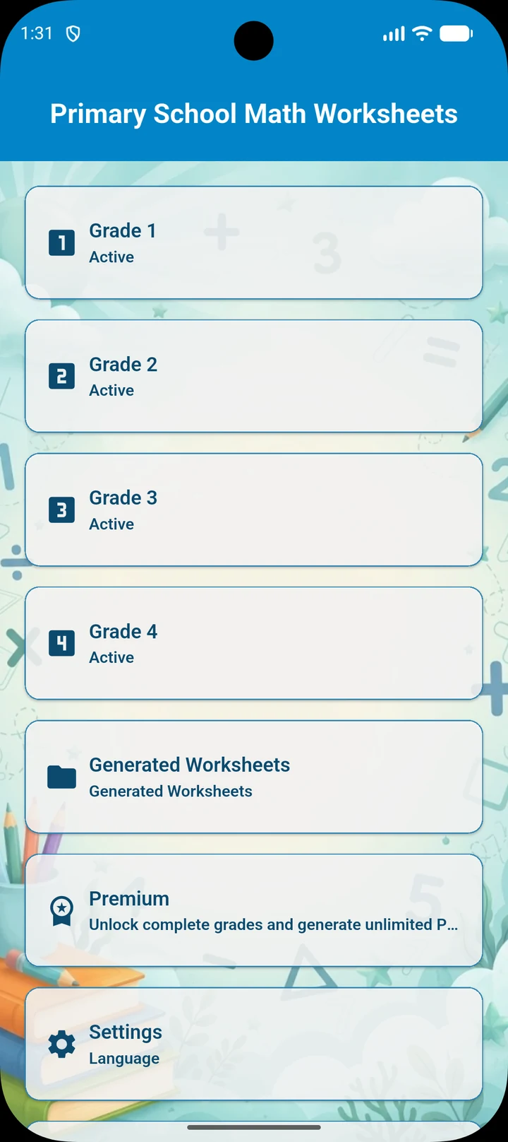 Primary School Math Worksheets app showing worksheet options