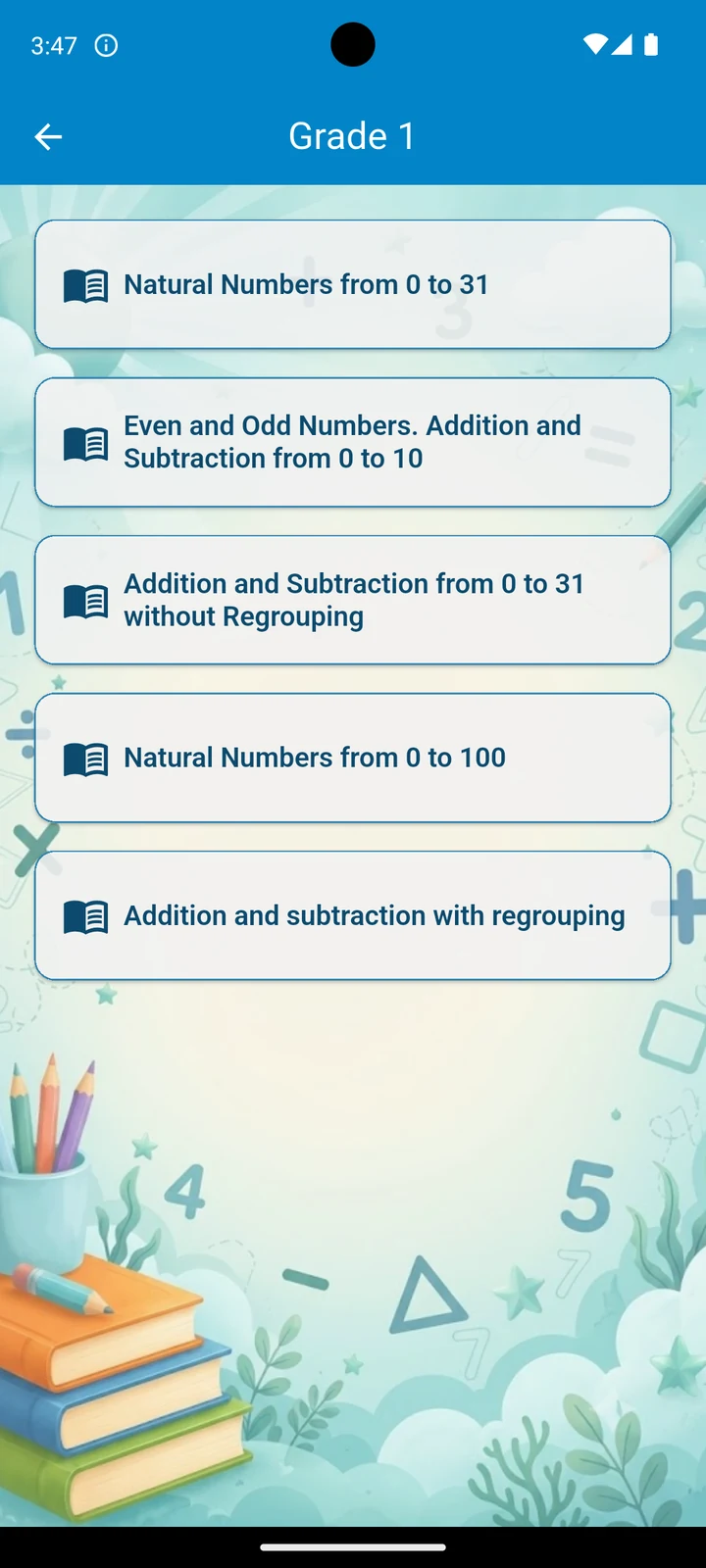 Choosing a grade and math topic in the app
