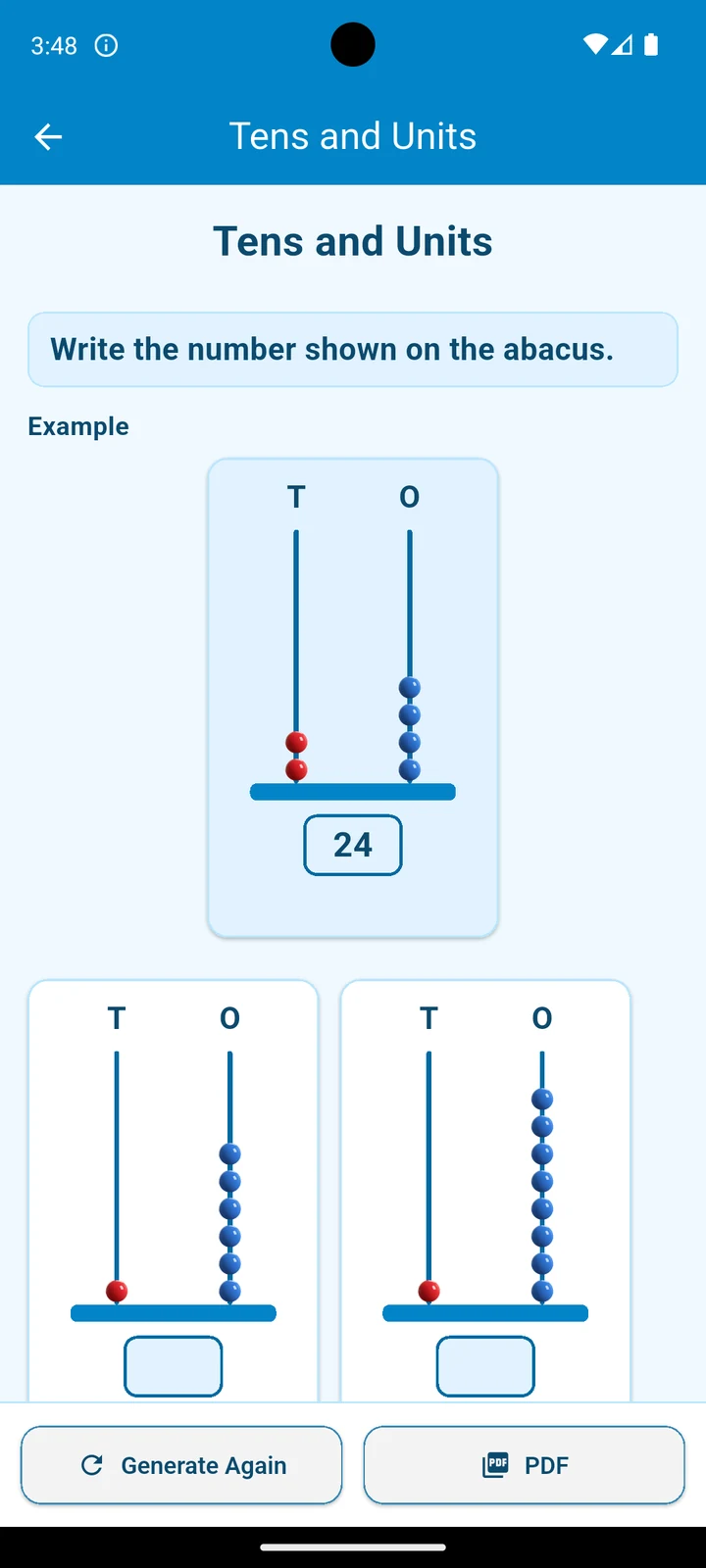 Math worksheet selection screen